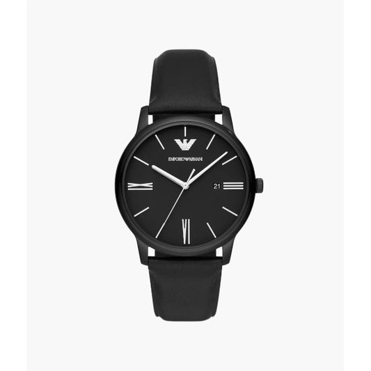 Emporio Armani Three-Hand Date Black Leather Watch