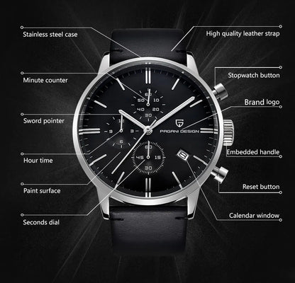 PAGANI DESIGN Original Brand Men Sports Military Quartz Watch Fashion Business Chronograph Leather Wristwatch Relogio Masculino