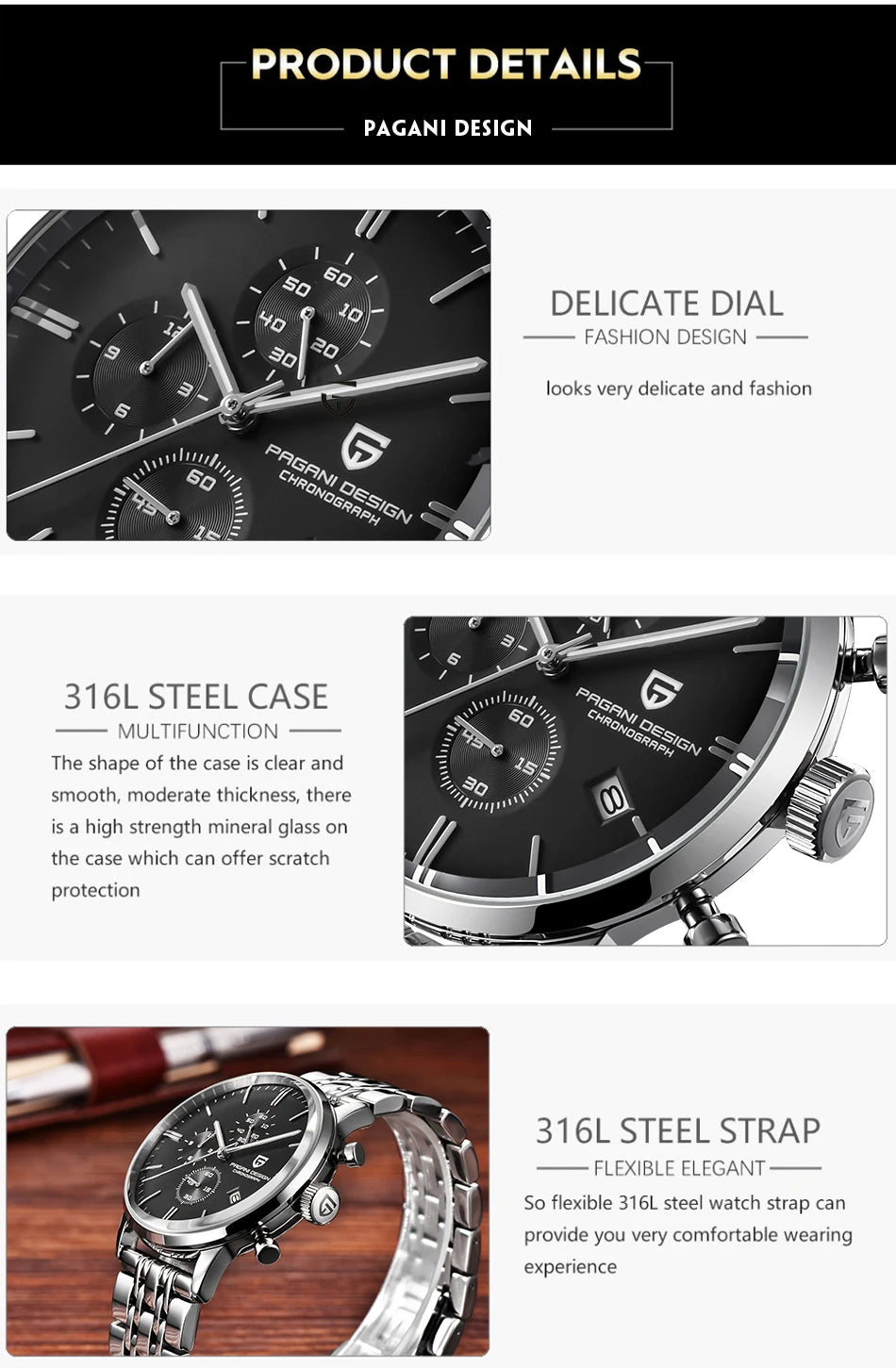 PAGANI DESIGN Original Brand Men Sports Military Quartz Watch Fashion Business Chronograph Leather Wristwatch Relogio Masculino