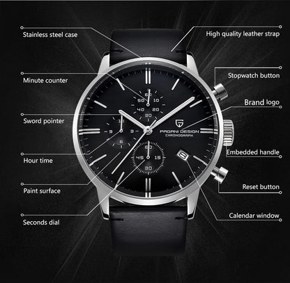 PAGANI DESIGN Original Brand Men Sports Military Quartz Watch Fashion Business Chronograph Leather Wristwatch Relogio Masculino