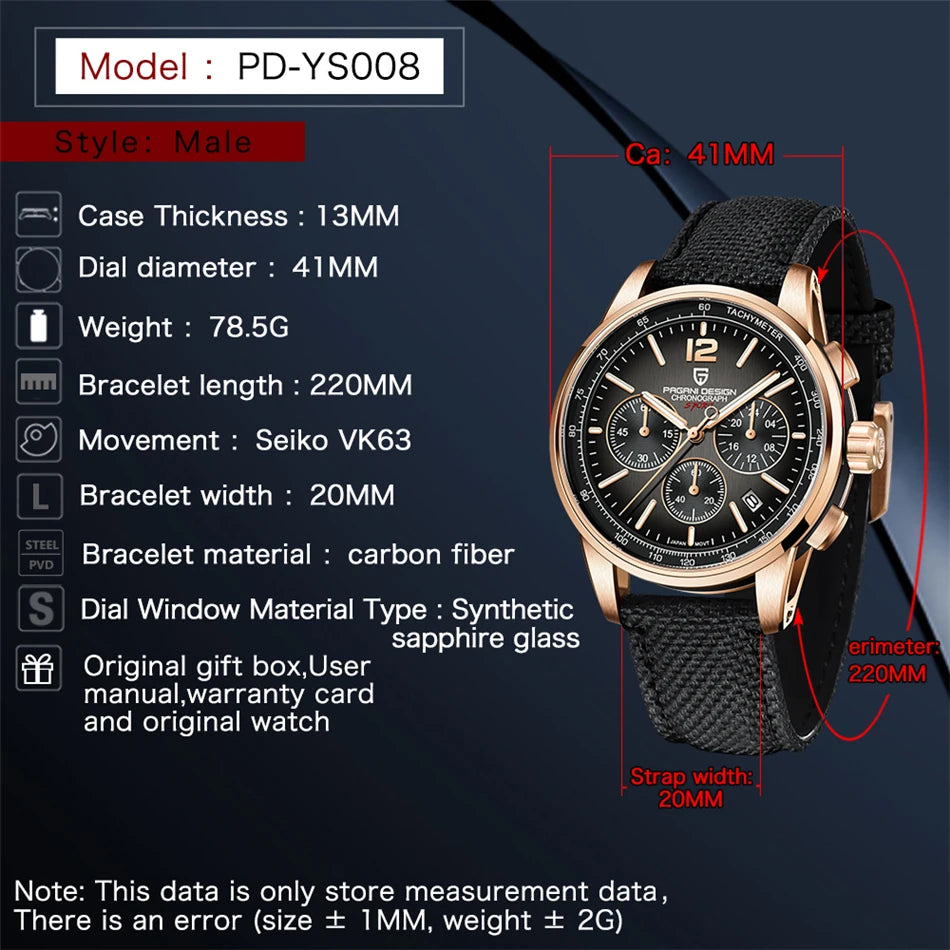 PAGANI DESIGN New Luxury Chronograph Men Watch Top Brand Quartz Wristwatches Sapphire Glass Stainless Steel Waterproof Clock