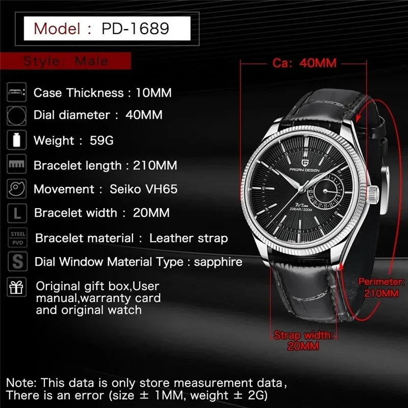 PAGANI Design Men Quartz Watch Sapphire Stainless Steel Clock Diving PD-1689 VH65 Watch 20Bar Waterproof Men Reloj Hombre 2024