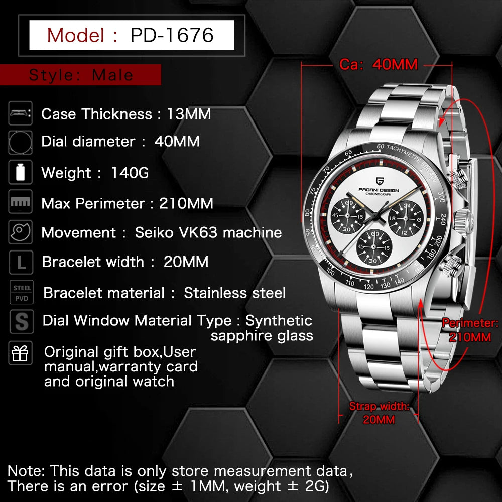 PAGANI DESIGN V2 Top Brand Men's Sports Quartz Men's Watch 40MM Japan VK63 Luminous Sapphire Glass Chronograph Men's Watch